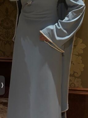 Graceful Sky Blue Long Sleeve Maxi Dress with Pearl Trim